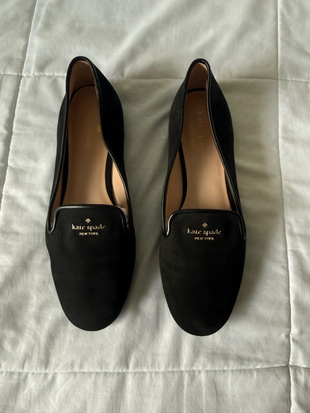 kate spade black suede slip-on loafers with gold logo